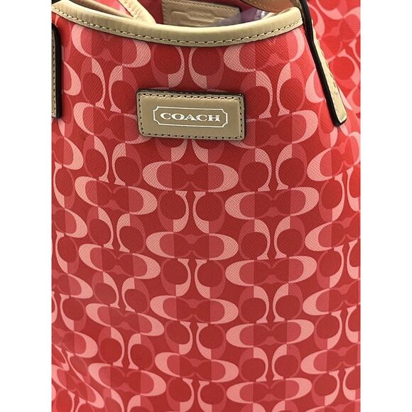 Coach 25673 Authenticated Peyton Park Split Dream Coated Canvas Red Pink Tote - Picture 3 of 13